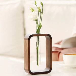 Wooden Hydroponic Vase with Glass Test Tube – Tabletop Plant Decor